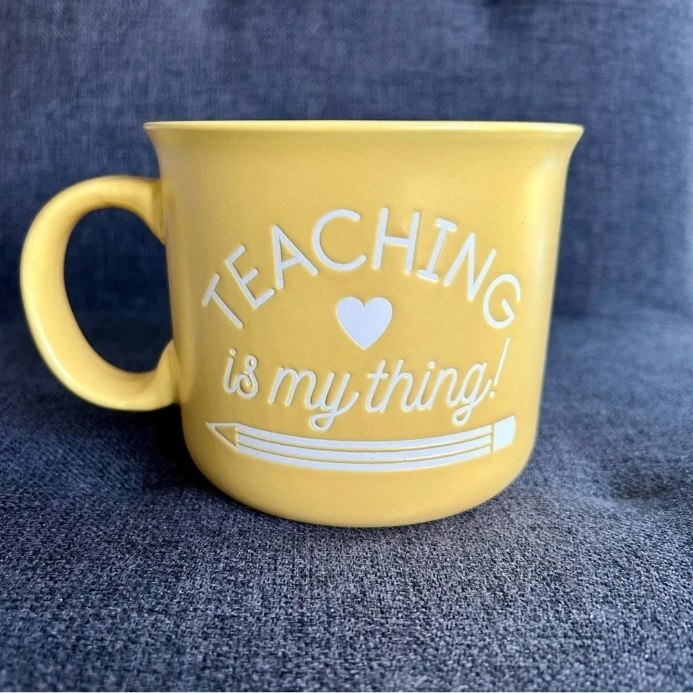“Teaching is my Thing” Colorful Pencil Lined Coffee Mug, Yellow, White, 20 oz